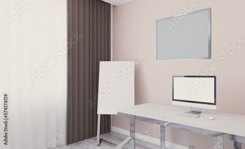 Open space office interior with like conference room. Mockup. 3D rendering.  Open space office interior with like conference room. Mockup. 3D rendering.. Blank paintings.  Mockup. © COK House