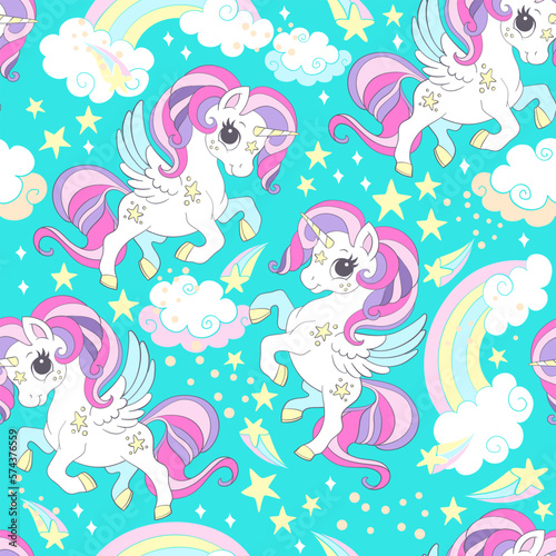 Seamless pattern with unicorns and magic elements vector turquoise