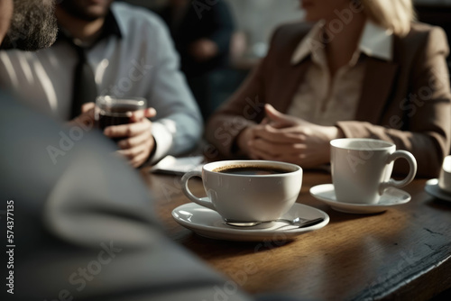 Two cups of coffee on the table with business talk behind.Generative AI