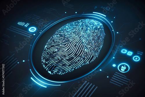 fingerprint indentification to access personal financial data. Idea for E-kyc (electronic know your customer), biometrics security, innovation technology - Generative AI photo