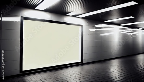 Mock up Poster media template Ads display in NYC Train Subway Station with moving Train on background. Mock up. Banner billboard mockup for advertising in city useful for design and ma. Generative AI