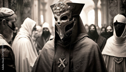 Fényképezés A masked priest of a secret religious society - generative ai