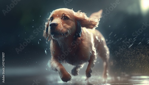 Dog running outdoor in rainy season, Generative AI