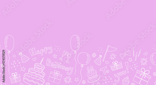Horizontal doodle pattern with birthday elements: cake, candles, garland, gifts, confetti, greeting text, glasses, hats. Vector image 