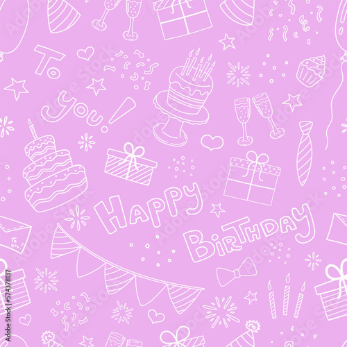 Seamless doodle style pattern with birthday elements on colored background: cake, candles, garland, gifts, confetti, congratulatory text, glasses, hats. Vector image