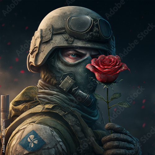 a soldier holding a rose in his hand. Ai Generated