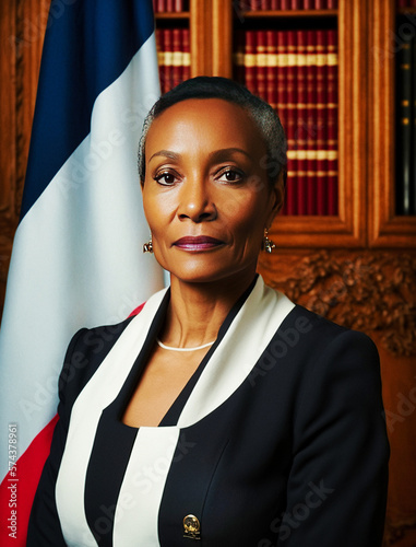 Official portrait of a black woman, president of the French Republic - generative ai