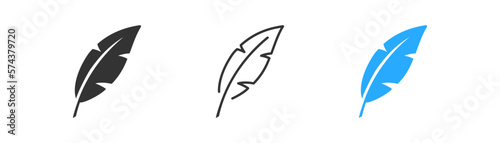 Feather icon on light background. Lightweight symbol. Caligraphy, plume, quill, fluffy, literature, book writing, education. Outline, flat and colored style. Flat design. Vector illustration.