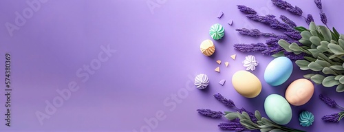 Happy Easter  Colorful Easter eggs and lavender sprig on a pastel background. Decoration concept for greetings and presents on Easter Day celebrate the time. Generative AI