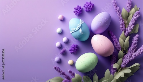 Happy Easter! Colorful Easter eggs and lilac sprig on a pastel background. Decoration concept for greetings and presents on Easter Day celebrate the time. Generative AI
