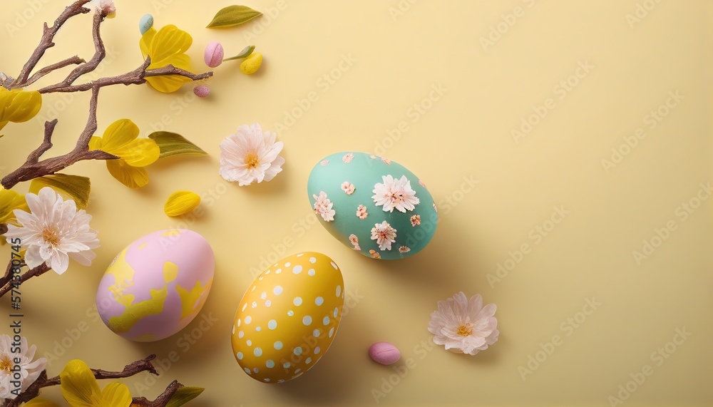 Happy Easter! Colorful Easter eggs and sakura sprig on a pastel background. Decoration concept for greetings and presents on Easter Day celebrate the time. Generative AI