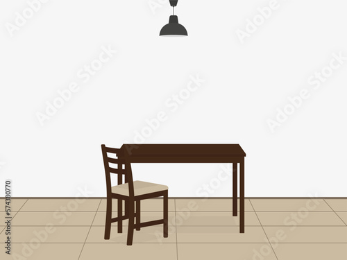 Empty table, chair and ceiling lamp indoors