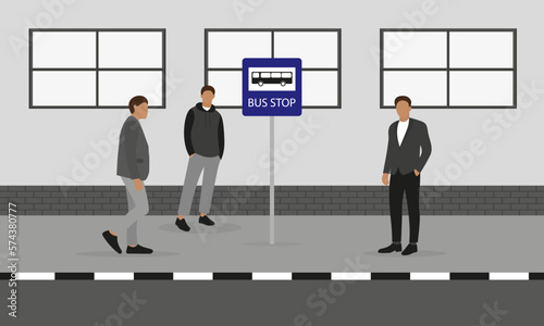 Three male characters are standing on the sidewalk near a bus stop sign