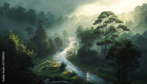 Foggy landscape and background  foggy morning in the forest  beautiful park atmosphere  ai generated