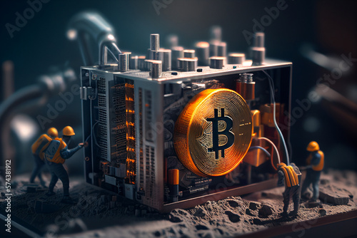 Miners mining a physical bitcoin cryptocurrency of a mine computer, generative AI photo