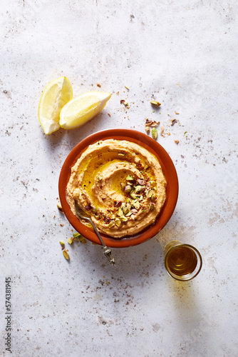 Red pepper hummus with lemon and paprika