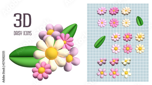 3d flower icons pink daisy icons with example arrangement