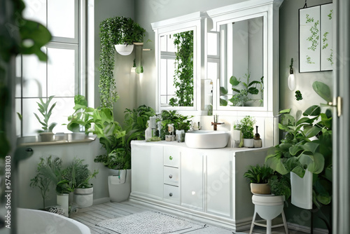 Elegant attic bathroom with green plants.  Generative AI. © Jasmina