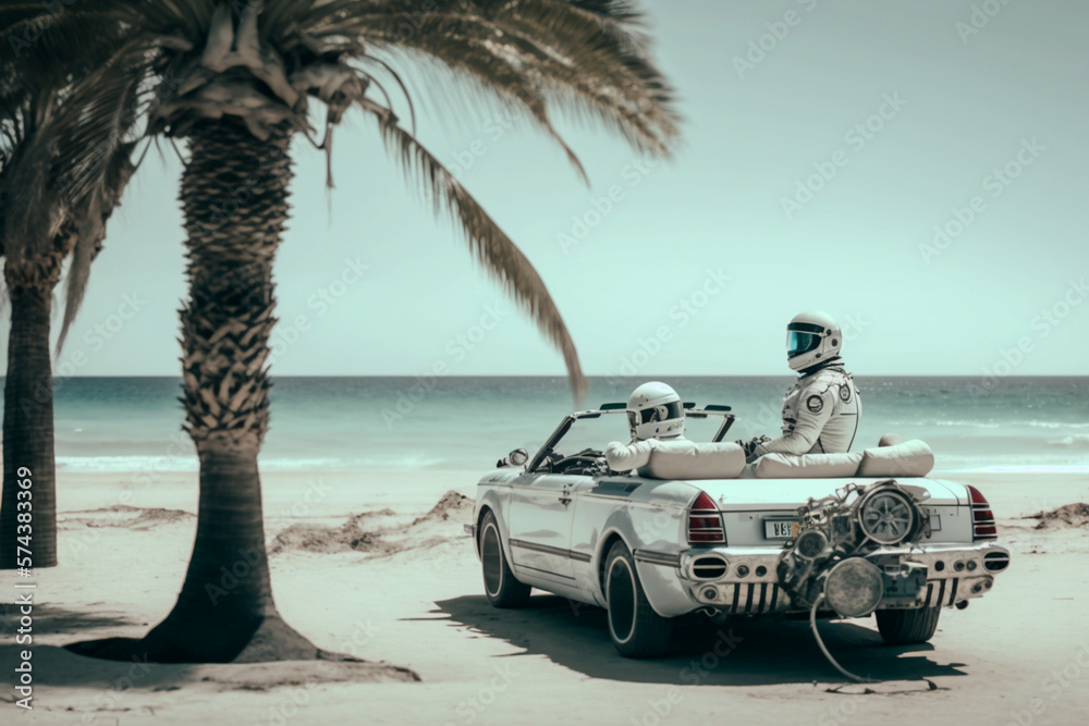 Two astronauts in a vintage convertible on the beach, back view, ai generated art