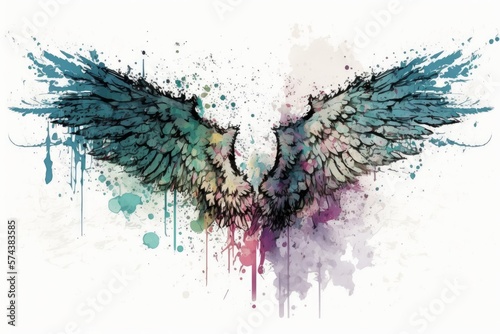 Watercolor Illustration of Grunge Style Bird Or Angel Wings With Paint and Ink Splatters And Drips in Various Colors, Isolated On White Background. Made in Part with Generative AI  © Carl & Heidi