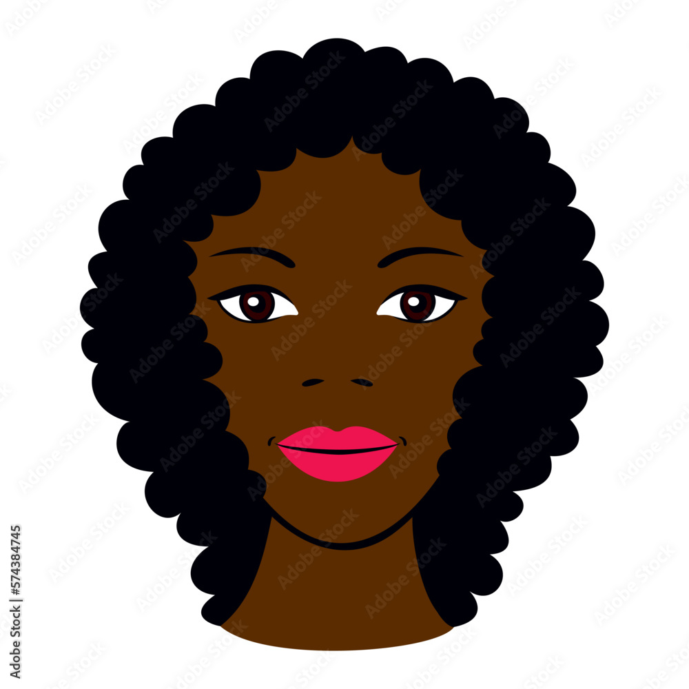 Twarz ładnej Afroamerykanki, portret kobiety o ciemnobrązowej skórze i pomalowanych ustach. Brązowe oczy, czarne loki. Buzia ciemnoskórej dziewczyny, rysunek wektorowy na białym tle,  ilustracja - obrazy, fototapety, plakaty 