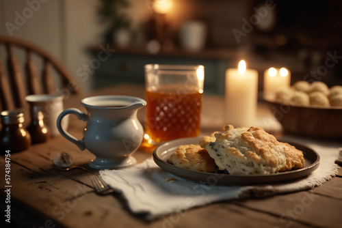 Wallpaper Mural The Snack That Makes You Happy In a Rustic Country House: the Homemade Scone and a Hot Tea With Milk - AI Generative Torontodigital.ca