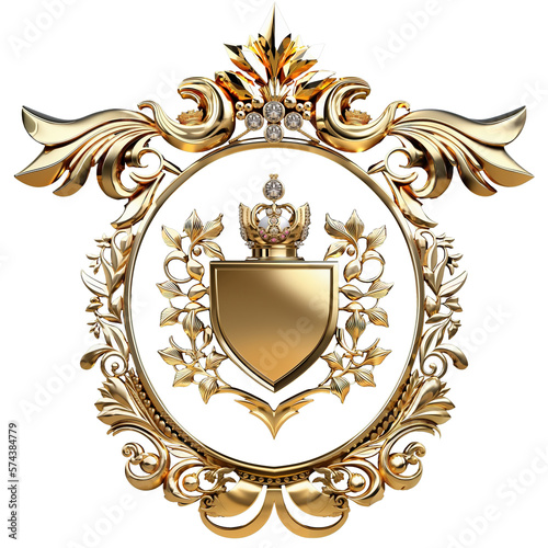Golden Shield Royal Crest, Coat of Arms, with emblem and jewels.  Isolated on transparent background. Generative AI photo