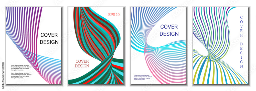 A set of 4 abstract covers. Wavy parallel gradient lines, ribbons evolve. Cover design, background. Trendy banner, poster. A set of 4 abstract covers. Wavy parallel gradient lines, ribbons evolve. Cover design, background. Trendy banner, poster.