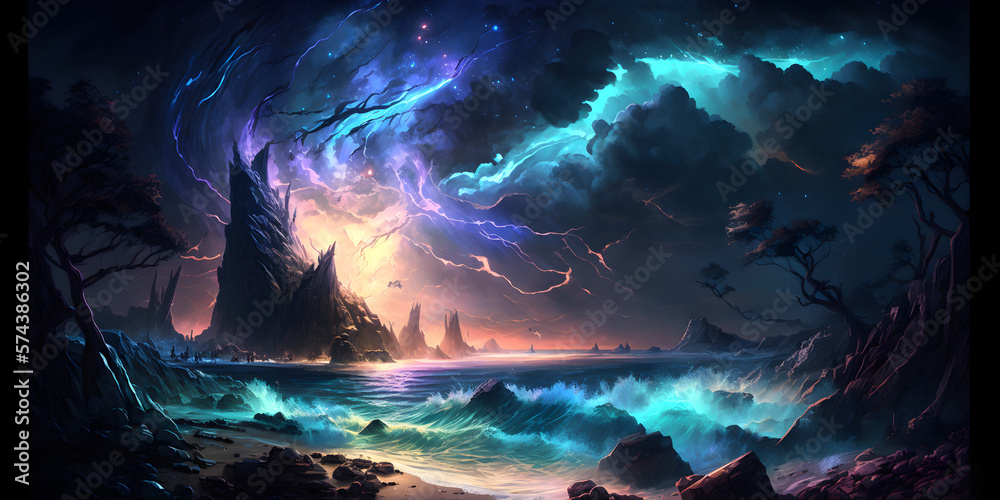 Night Vast landscape, Award-winning concept art, a highly detailed beach landscape with huge waves, water spouts and rocky sandy beaches, storm clouds, lightning malachite forest, Generative AI