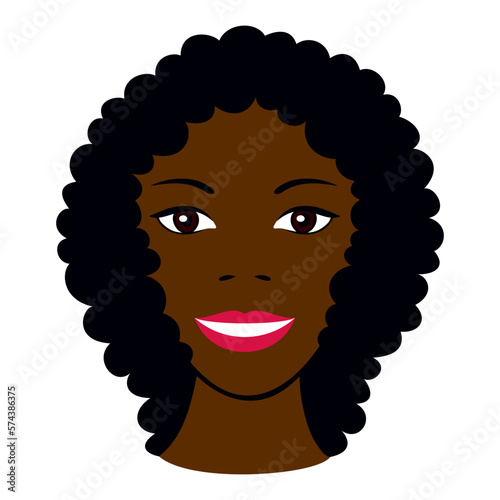 Portret uśmiechniętej ciemnoskórej kobiety o czarnych włosach. Głowa Afroamerykanki o brązowych oczach, różowych ustach i białych zębach. Rysunek wektorowy, ilustracja