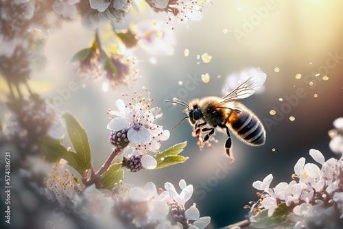 Spring Flowers in Full Bloom with a Bee in action. Blooming Flowers with amazing Bokeh and Featuring a Busy Bee at beautiful Sunrise. Ai generated art © Shootdiem