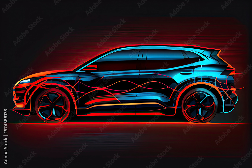 Electric SUV car with charging station by sketch line blue and red colors isolated on black background