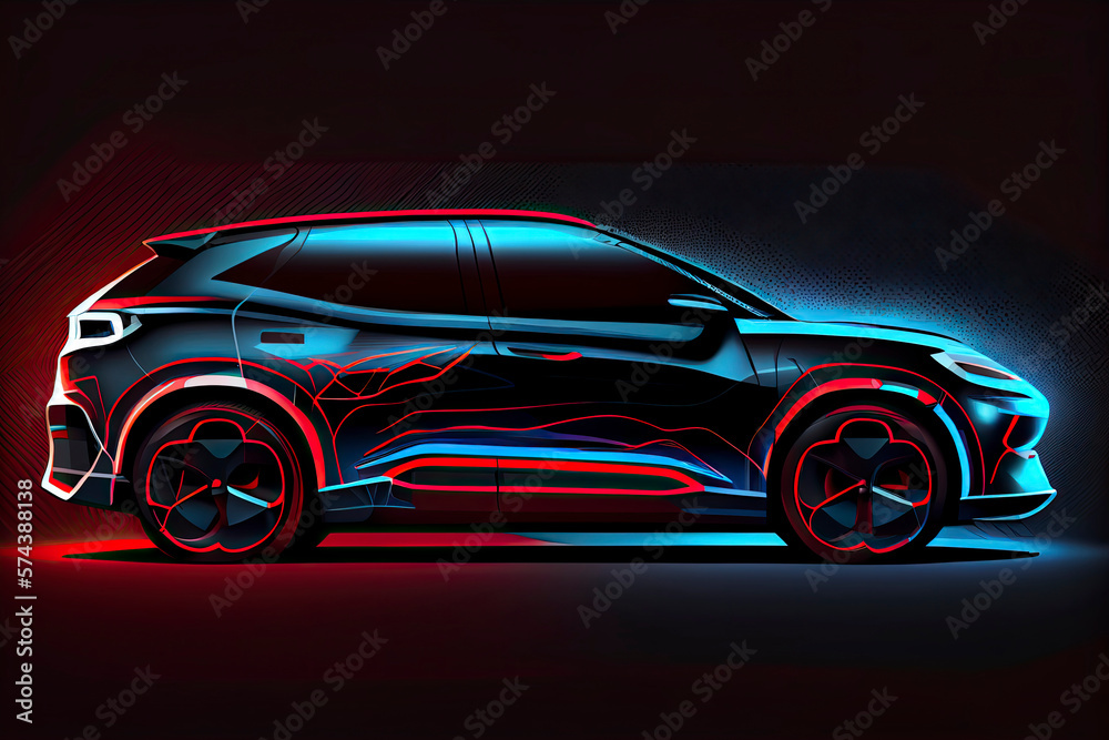 Electric SUV car with charging station by sketch line blue and red colors isolated on black background