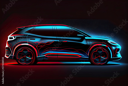 Electric SUV car with charging station by sketch line blue and red colors isolated on black background