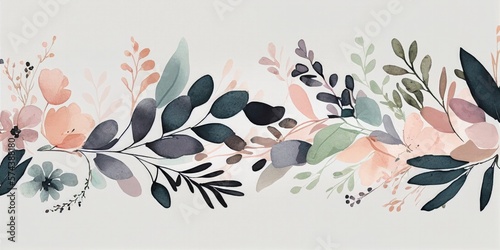 Flowers and plants in pastel color. Watercolor painting. Wallpaper. Generative AI art.