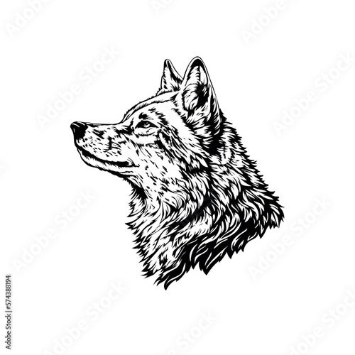 Vector black and white illustration of a wolf face on a white background