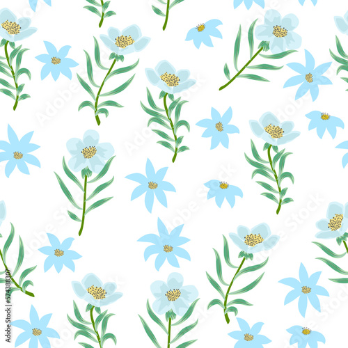 Seamless pattern with abstract flowers in blue colors, vector  background,  plants, botanical design for fashion, fabric