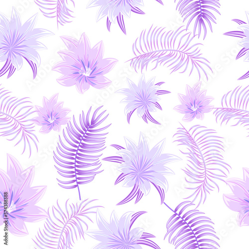 Vector tropical jungle seamless pattern with purple palm trees leaves and flowers, background for wedding, invitation cards,fabric