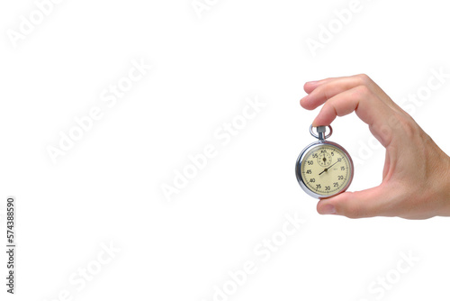 Stopwatch in hand white background.