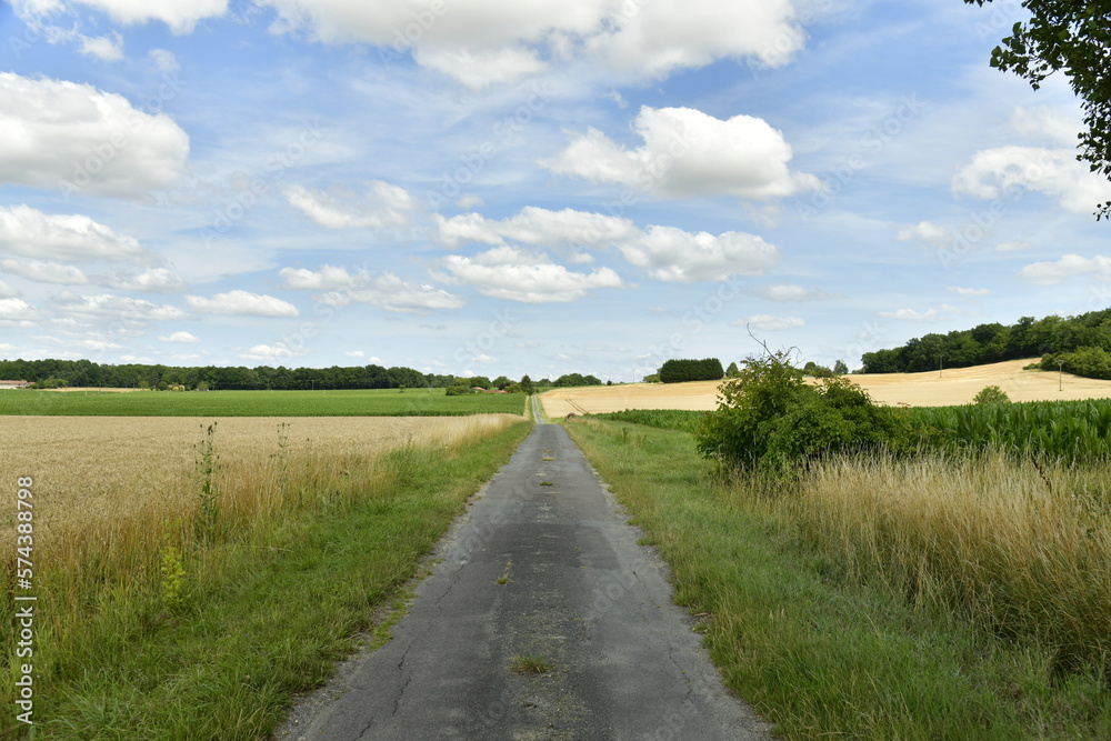 Route étroite de campagnes entre les champs d'agriculture près du bourg de Champagne au Périgord Vert 