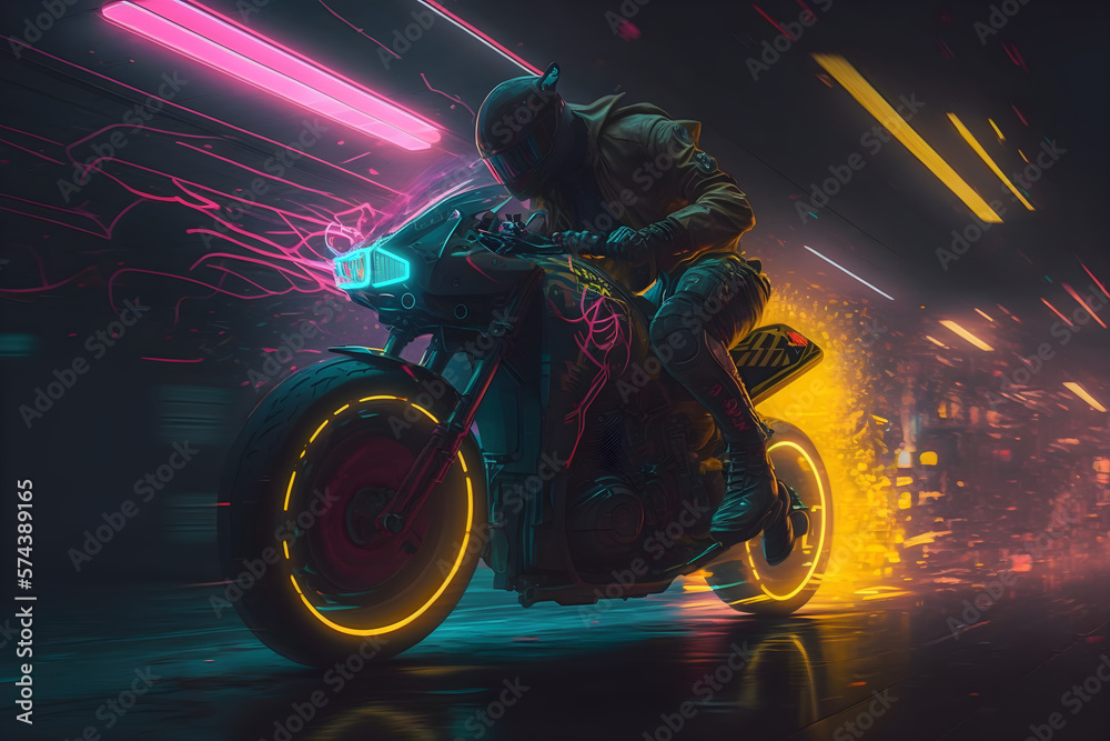 cyberpunk motorbike race, neon lighting, beautiful lighting, hyper realistic, octane, atmosphere, wide angle, depth of field, high detail, photo realistic,
woman in the night, Generative AI