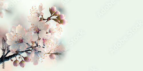 Flowering spring tree. Cherry, apple, sakura or almond pink flowers on blooming branch. Banner with place for text. Springtime greeting card. Generative AI. © Bodik Ai Art