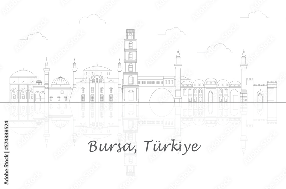 Outline Skyline panorama of city of Bursa, Turkiye - vector illustration