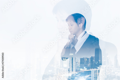 Business investment and metaverse AI artificial intelligence data analysis technology. Businessman with cityspace. Double exposure background