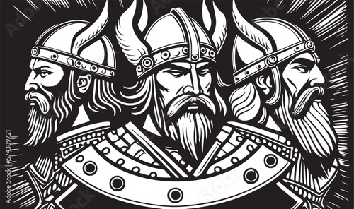 Beautiful and trendy black and white linocut art of a viking