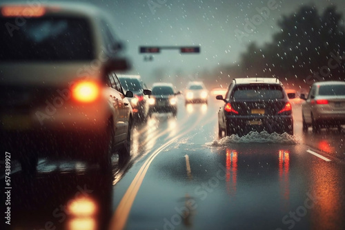 Navigating through the Storm: Drivers Brave Heavy Rain and Traffic in Tempestuous Conditions AI Generative