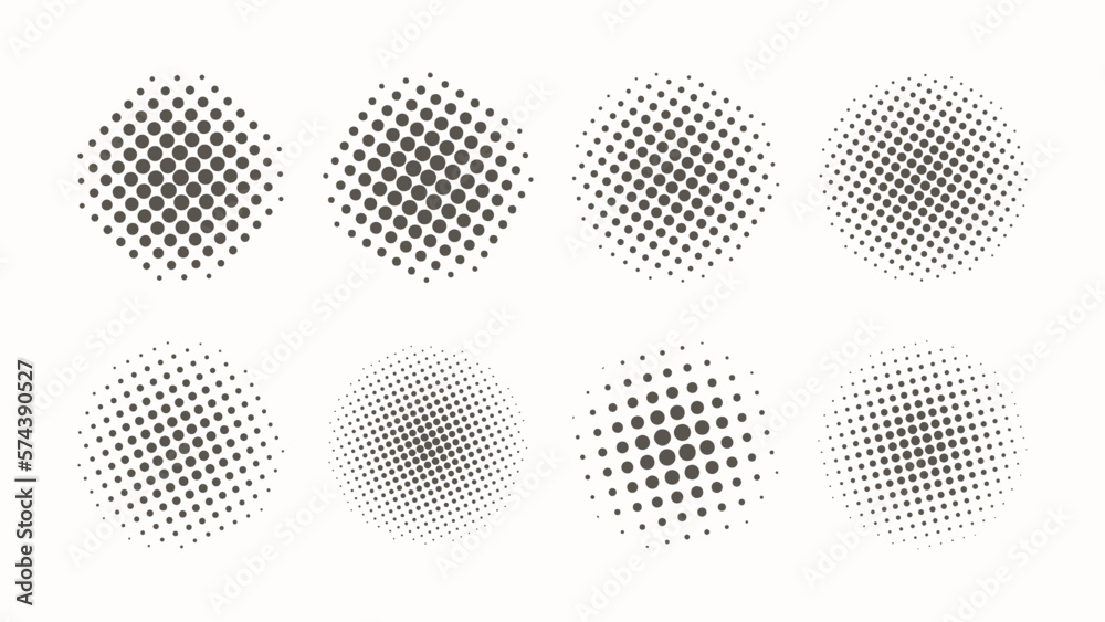 Set of vector halftone dots background circle shape. Black and white for promotional design elements, banners, comics, pop