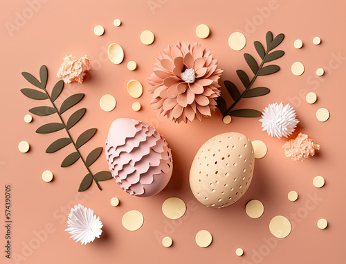 Pastel Easter eggs on warm pink background top view