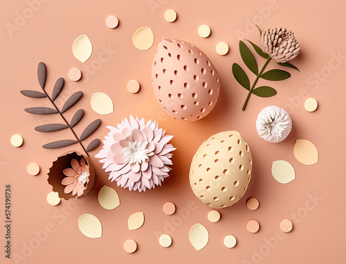 Pastel Easter eggs on warm pink background top view