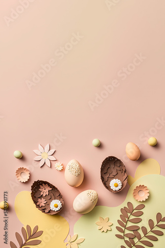 Pastel Easter eggs on warm pink background top view